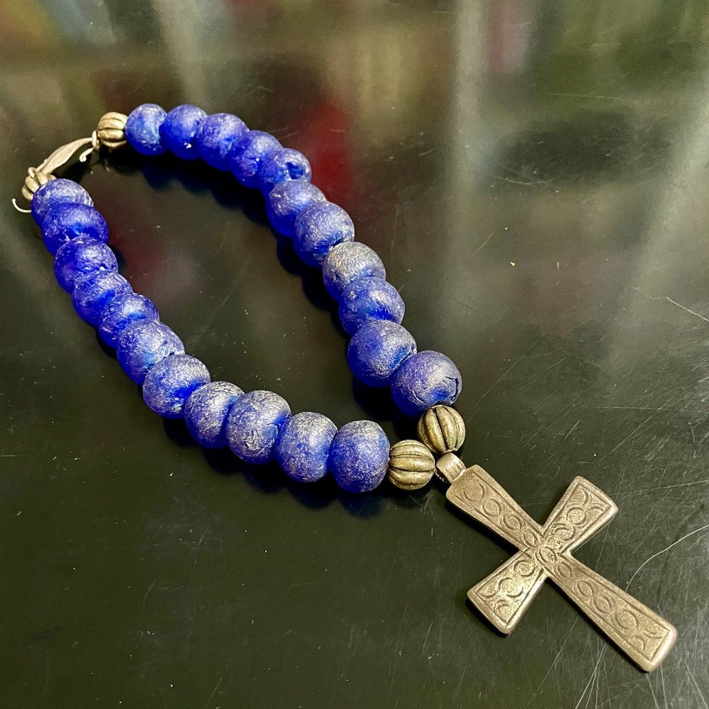 Blue Glass Cross Necklace